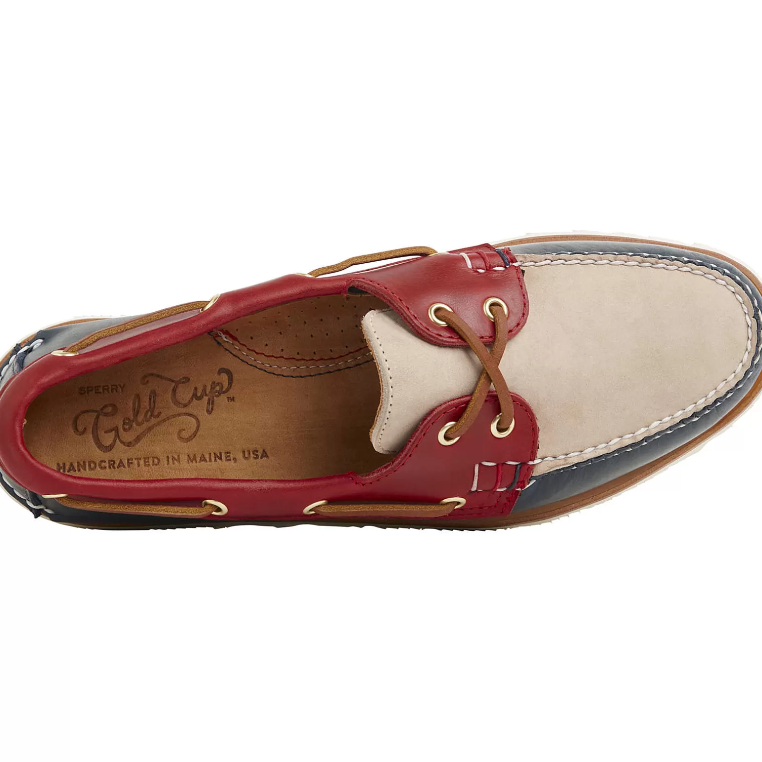 Handcrafted in Maine | Authentic Original Boat Shoe*Sperry Men's Gold Cup™ Authentic Original™ Handcrafted in Maine Tri-Tone Boat Shoe Navy/Red/Ivory